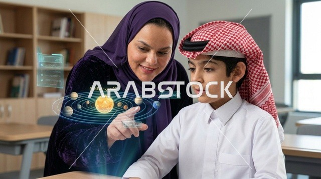 معلمة وطالب سعودي يدرسان النظام الشمسي بتقنية الهولوجرام