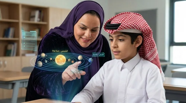 معلمة وطالب سعودي يدرسان النظام الشمسي بتقنية الهولوجرام