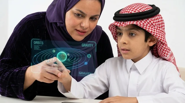 طفل سعودي يتعلم علوم الفضاء عبر شاشة هولوغرام ذكية