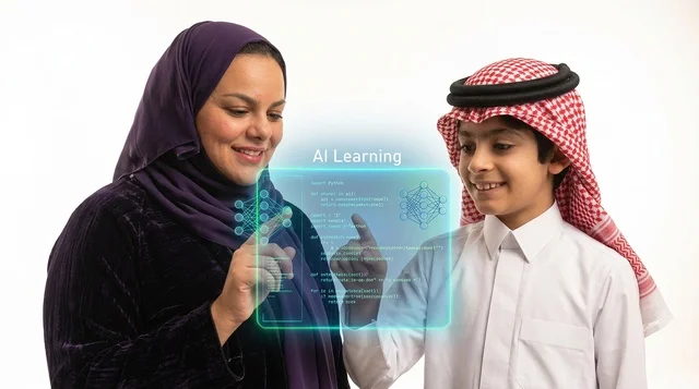 أم سعودية وابنها يتفاعلان مع شاشة التعلم الذكي