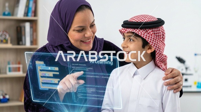 معلمة وطالب سعودي يتفاعلان مع شاشة ذكاء اصطناعي تعليمية