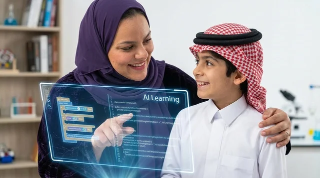 معلمة وطالب سعودي يتفاعلان مع شاشة ذكاء اصطناعي تعليمية