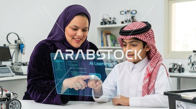 طفل سعودي ومعلمة يستكشفان التعلم الذكي والذكاء الاصطناعي