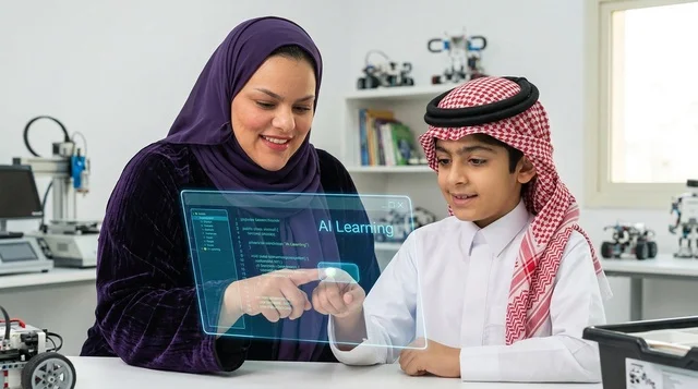 Saudi Boy and Teacher Smart Learning with AI Screen