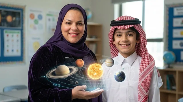 معلمة عربية وطالب سعودي مع هولوجرام المجموعة الشمسية
