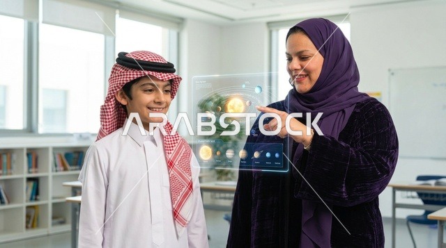 Saudi Teacher and Student Using Smart Hologram in Classroom