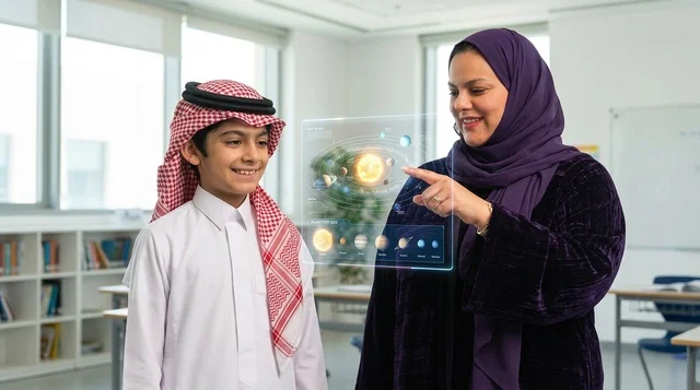 معلمة وطالب سعودي يستخدمان الهولوجرام في التعليم الذكي