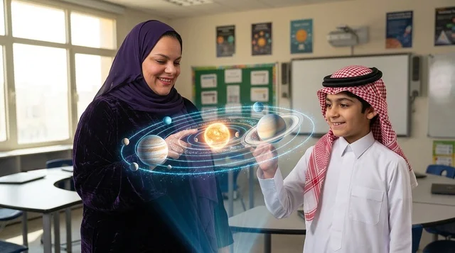 Saudi Teacher and Student Study Solar System Hologram