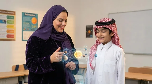 معلمة وطالب سعودي يتفاعلان مع هولوغرام النظام الشمسي