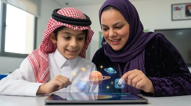 Arab Student and Teacher AR Learning on Tablet