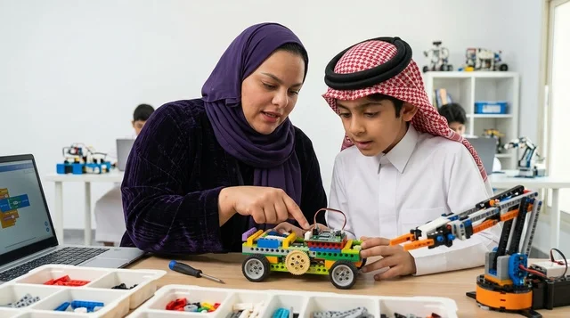 طالب سعودي مع معلمة في فصل برمجة الروبوتات والتعلم الذكي
