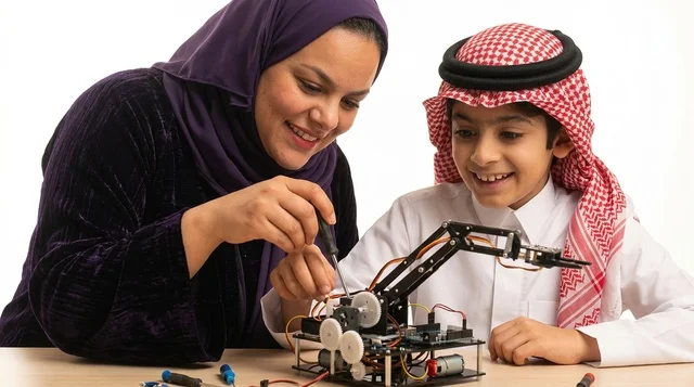 معلمة سعودية تساعد طالباً في تركيب روبوت ذكي بالاستوديو