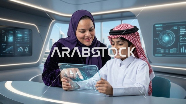 Saudi Boy and Mother Using Futuristic Digital Tablet