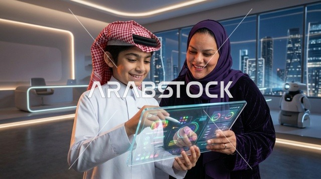طفل وامرأة سعودية يستخدمون شاشة هولوغرام ذكية