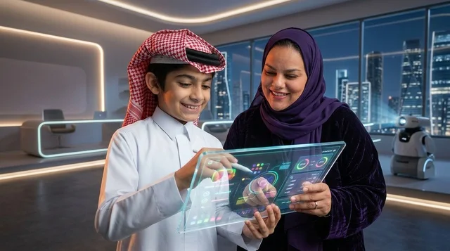 طفل وامرأة سعودية يستخدمون شاشة هولوغرام ذكية