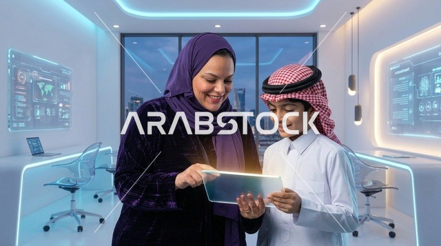 Arab Mother and Son Using Smart Learning Technology