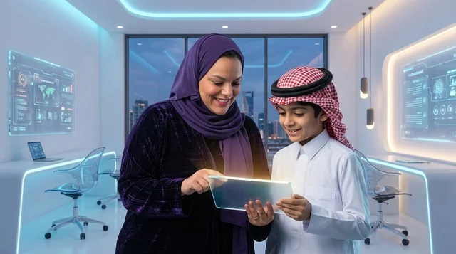 أم سعودية وابنها يستخدمان تقنيات التعلم الذكي الحديثة