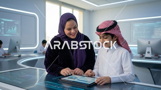 معلمة وطالب سعودي يستخدمان جهاز لوحي في فصل ذكي
