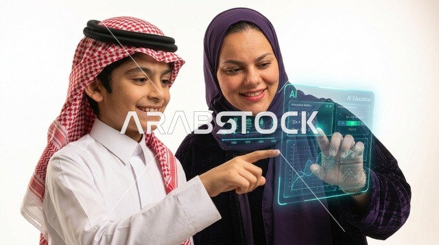 طفل سعودي ووالدته يستخدمان شاشة هولوجرام ذكية للتعليم