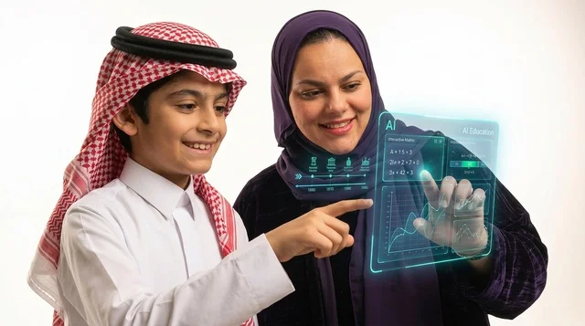 طفل سعودي ووالدته يستخدمان شاشة هولوجرام ذكية للتعليم