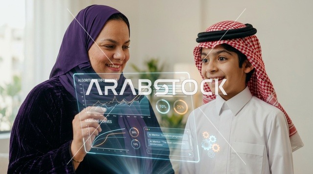 Saudi Mother and Son Using Smart Learning Holographic Screen