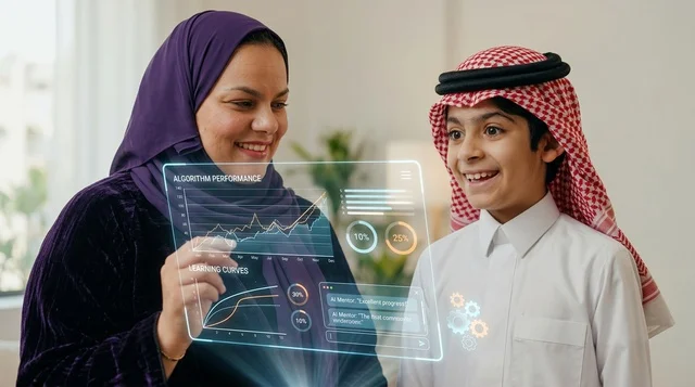 Saudi Mother and Son Using Smart Learning Holographic Screen