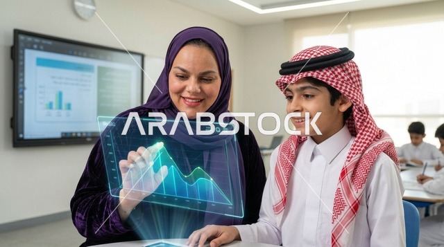 معلمة وطالب سعودي يستخدمان تقنية الهولوجرام في الفصل