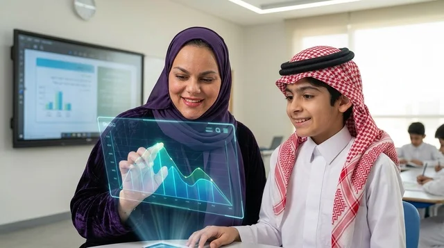معلمة وطالب سعودي يستخدمان تقنية الهولوجرام في الفصل