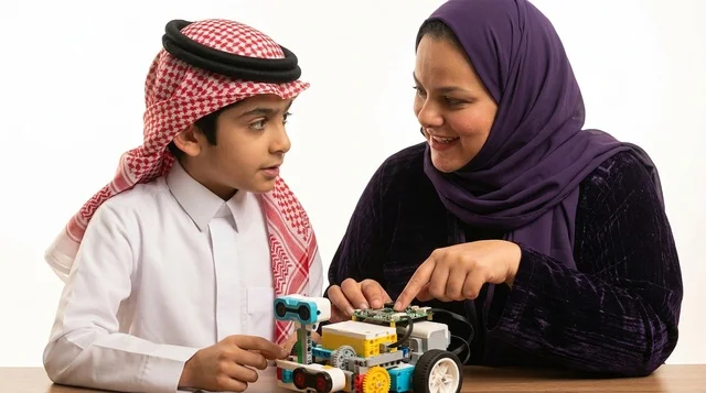 أم سعودية تساعد ابنها في تركيب الروبوت التعليمي
