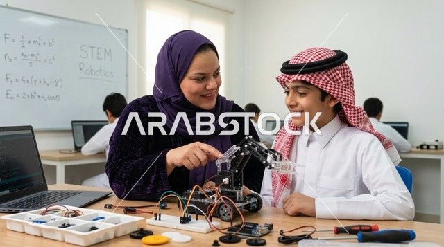 معلمة سعودية مع طالب يتعلمان تركيب الروبوتات الذكية