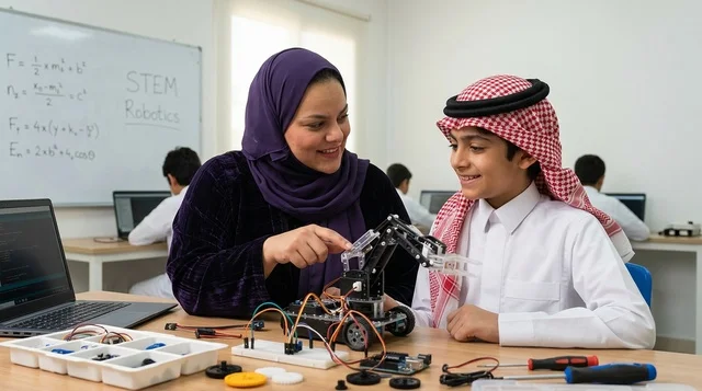 Saudi Student and Teacher Learning STEM Robotics Class
