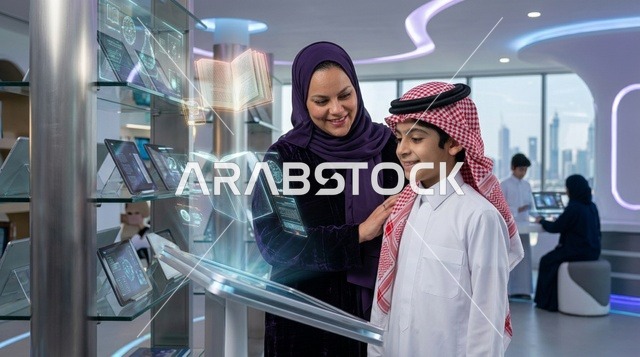 أم سعودية وابنها يستخدمان تقنيات التعلم الذكي الحديثة