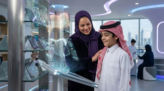 أم سعودية وابنها يستخدمان تقنيات التعلم الذكي الحديثة