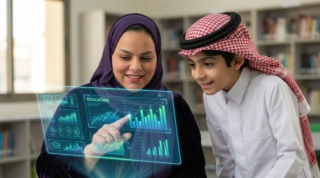 طالب ومعلمة يستعملان شاشة هولوغرام للتعلم الذكي