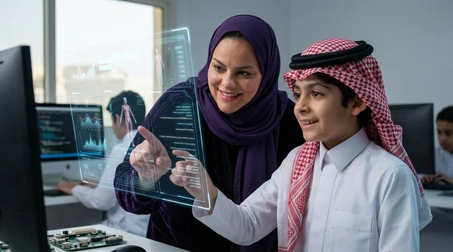 التعلم الذكي والتقنيات الحديثة مع طالب ومعلمة سعودية