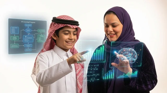 طفل سعودي وامرأة عربية يستخدما تقنية التعليم الذكي