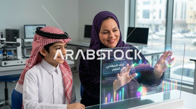 معلمة وطالب سعودي يتفاعلان مع شاشة تعليمية ذكية في الفصل