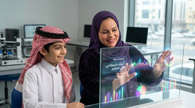 معلمة وطالب سعودي يتفاعلان مع شاشة تعليمية ذكية في الفصل