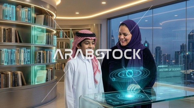 التعلم الذكي طفل سعودي ومعلمة في مكتبة رقمية مستقبلية