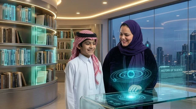 التعلم الذكي طفل سعودي ومعلمة في مكتبة رقمية مستقبلية