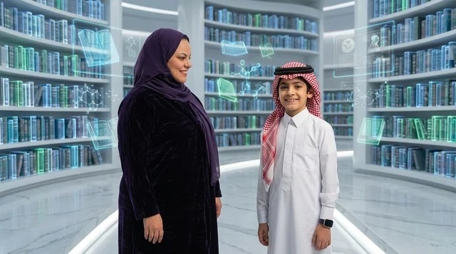 أم سعودية وابنها في مكتبة رقمية مستقبلية للتعلم الذكي
