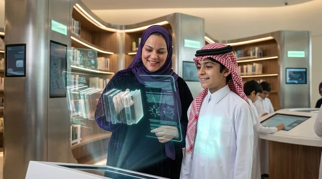 التعلم الذكي طالب سعودي مع شاشة هولوجرام