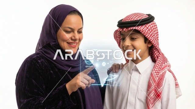 أم سعودية وابنها يستخدمان شاشة التعليم الذكي التفاعلية