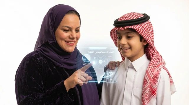 أم سعودية وابنها يستخدمان شاشة التعليم الذكي التفاعلية