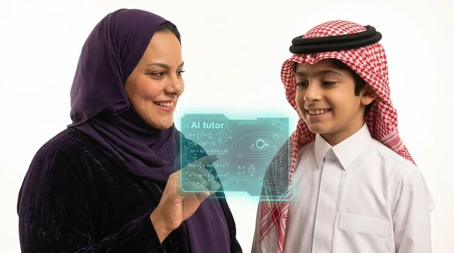 عائلة سعودية تتفاعل مع شاشة هولوغرام للتعلم الذكي