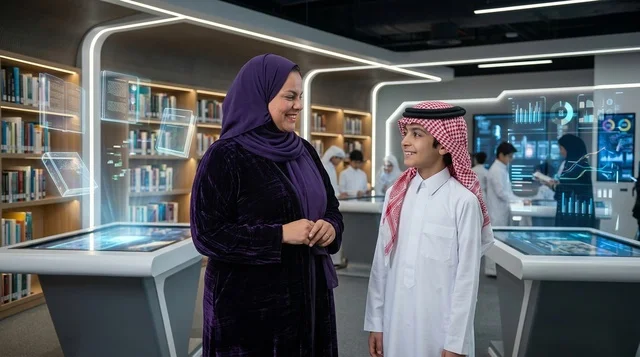 طالب ومعلمة سعوديين في مكتبة رقمية ذكية حديثة