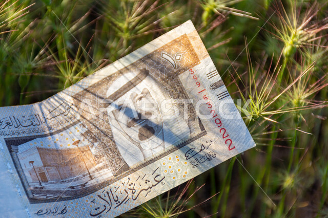A copy of a 10 Saudi riyal banknote of the fifth issue with the image of the Custodian of the Two Holy Mosques King Abdullah bin Abdulaziz Al Saud, finance and investment, nature, the Saudi Arabian Monetary Agency, the official currency of the Kingdom of 