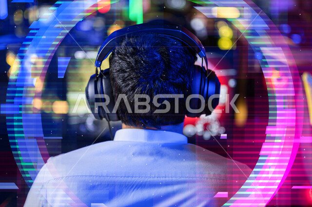  منظر من الخلف لشاب عربي سعودي خليجي يرتدي سماعة الرأس و يلعب بألعاب الفيديو، اللعب في مقهى ألعاب الكمبيوتر, المتعة و التسلية بألعاب الفيديو، ألعاب الكمبيوتر الترفيهية، تقنيات و ألعاب, أنشطه ترفيهيه, خلفيات هولوجراميه ثلاثية الأبعاد