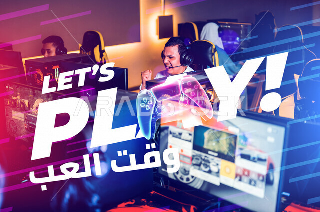 A group of Saudi Arabian Gulf players wearing a headset and playing video games, playing in a video game café, having fun and having fun with team play, entertainment computer games, playing with friends, entertainment activities, 3D holographic backgroun