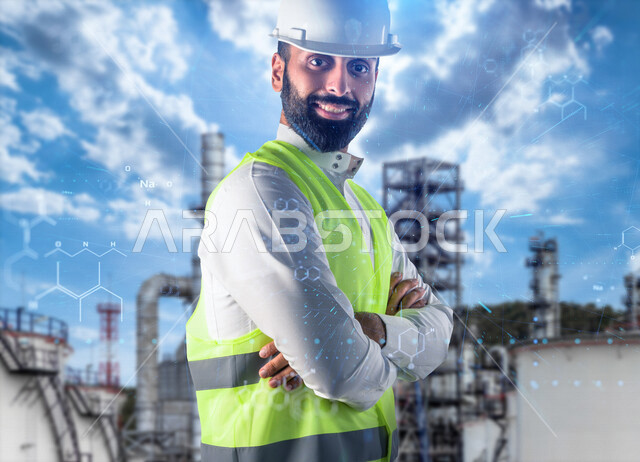 مهندس معماري عربي خليجي سعودي يقف مبتسم ومكتف اليدين ، يرتدي سترة الحماية وخوذة الوقاية ، الاشراف على أنظمة الطاقة المتجددة ، مشروع هندسي مبتكر ، خلفية لمحطة توليد الطاقة مدموجة بمخطط شبكي بتقنية الهولوجرام